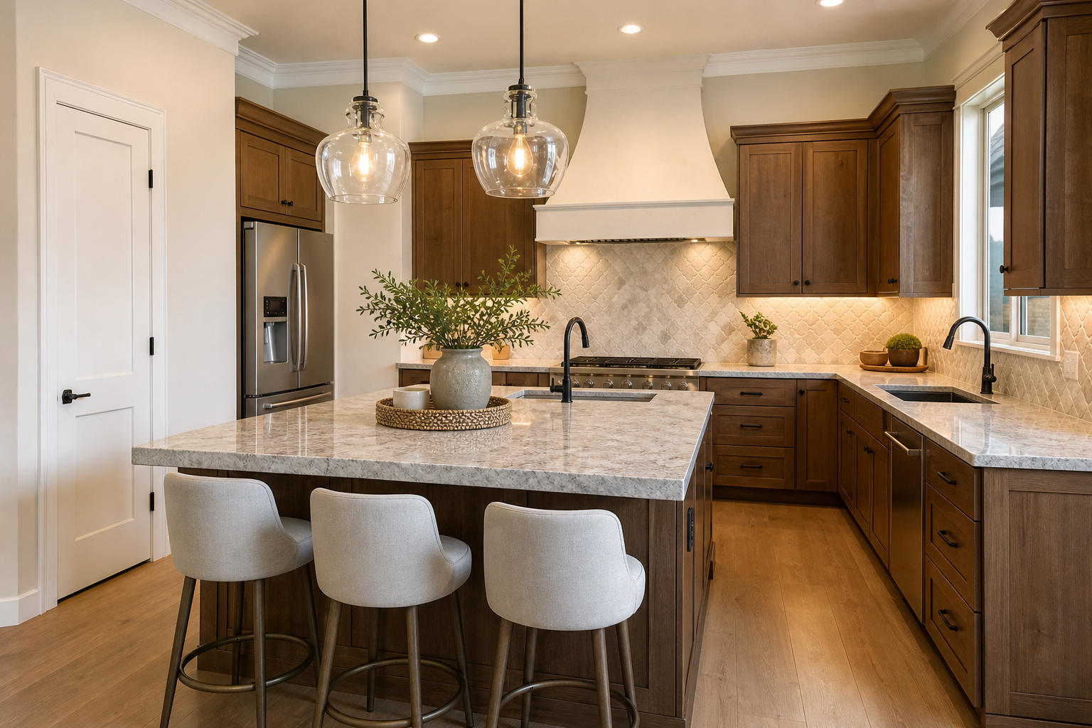 Finished kitchen island and backsplash detail with completed countertop installation
