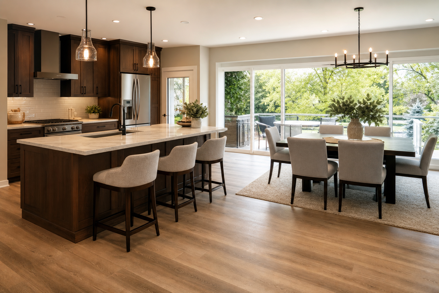 Open-plan kitchen and dining space showing countertops coordinated with adjacent flooring