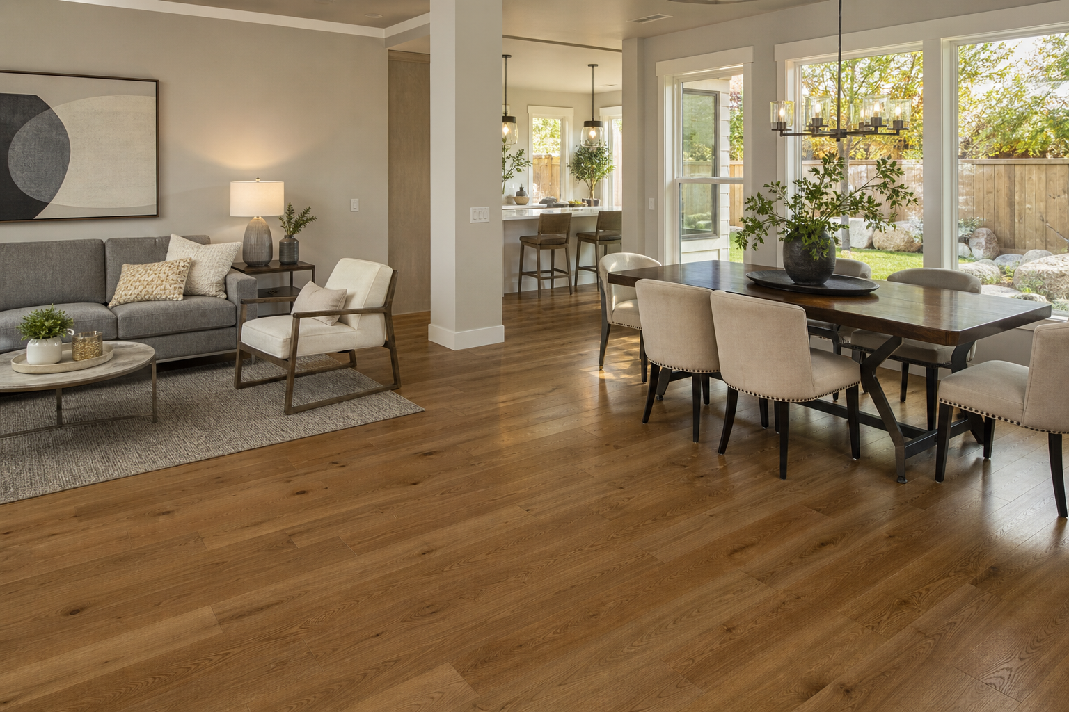 Engineered hardwood flowing through a bright living and dining space