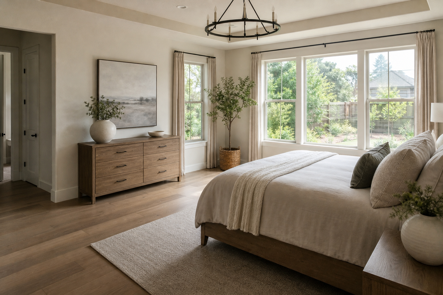 Quiet bedroom with hardwood floors and soft natural light