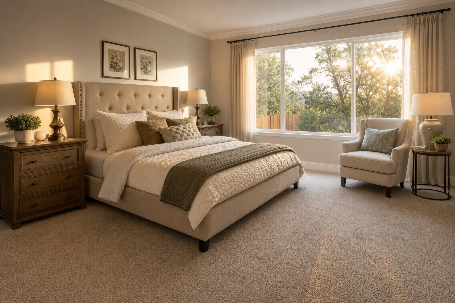 Finished bedroom in a Lincoln, California home with soft neutral carpet and warm natural light