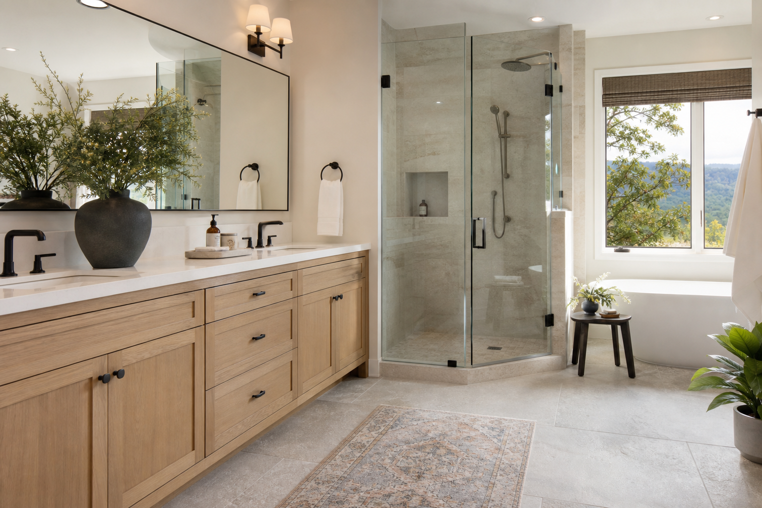 Finished primary bathroom with natural stone surfaces in a warm Lincoln-style home