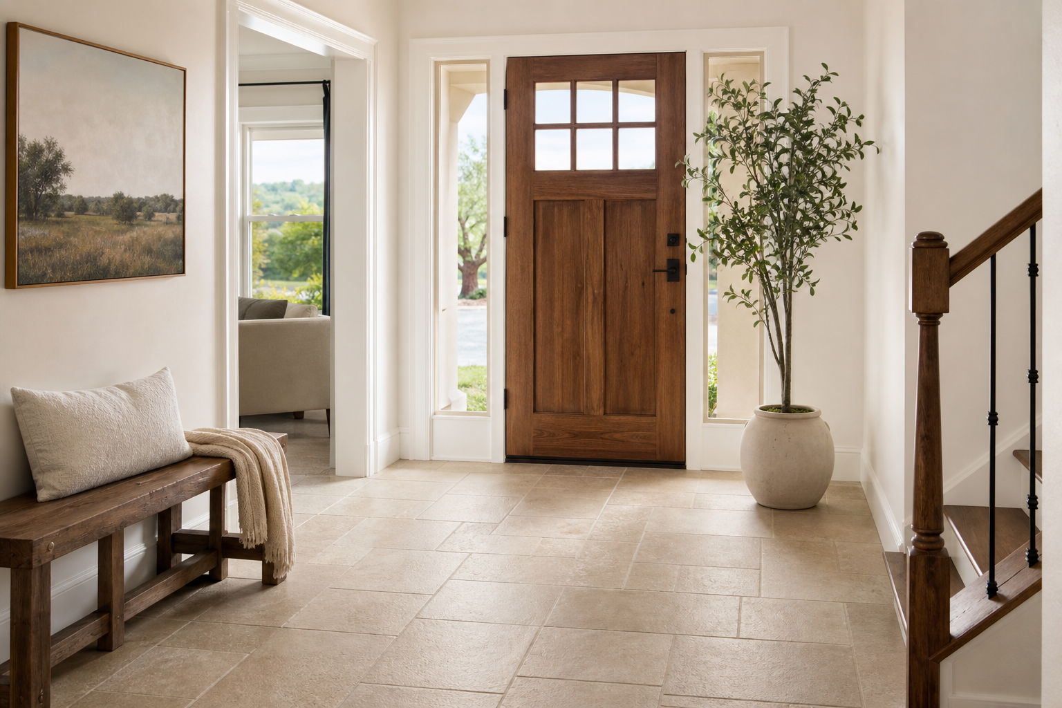 Finished entry foyer with natural stone flooring