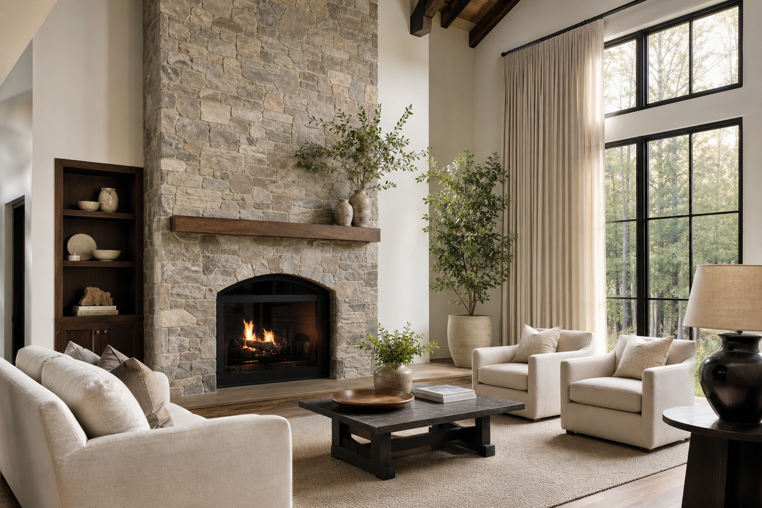 Finished living room with natural stone fireplace surround