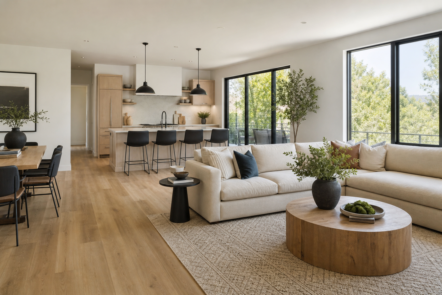 Finished open-plan Lincoln home interior with warm wood-look luxury vinyl flooring