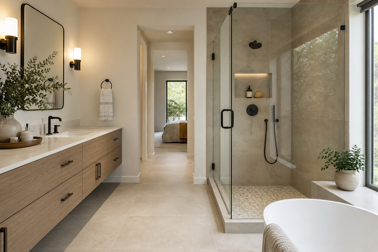 Finished primary bathroom with matte porcelain tile and an easy-clean shower design