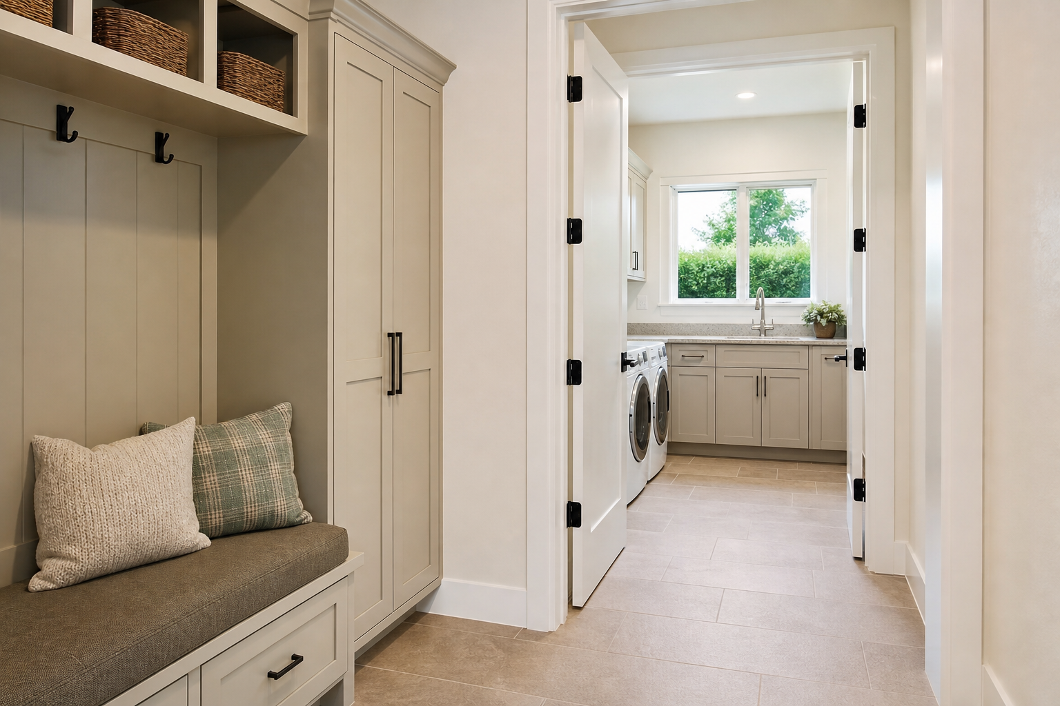 Finished entry and laundry area with matte porcelain tile suited to everyday traffic