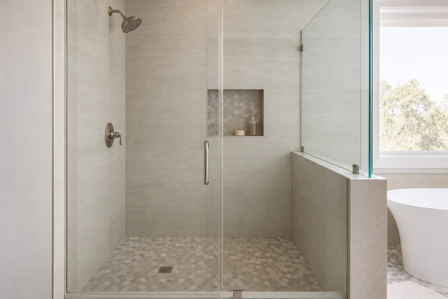 Finished shower with large-format wall tile and mosaic floor tile