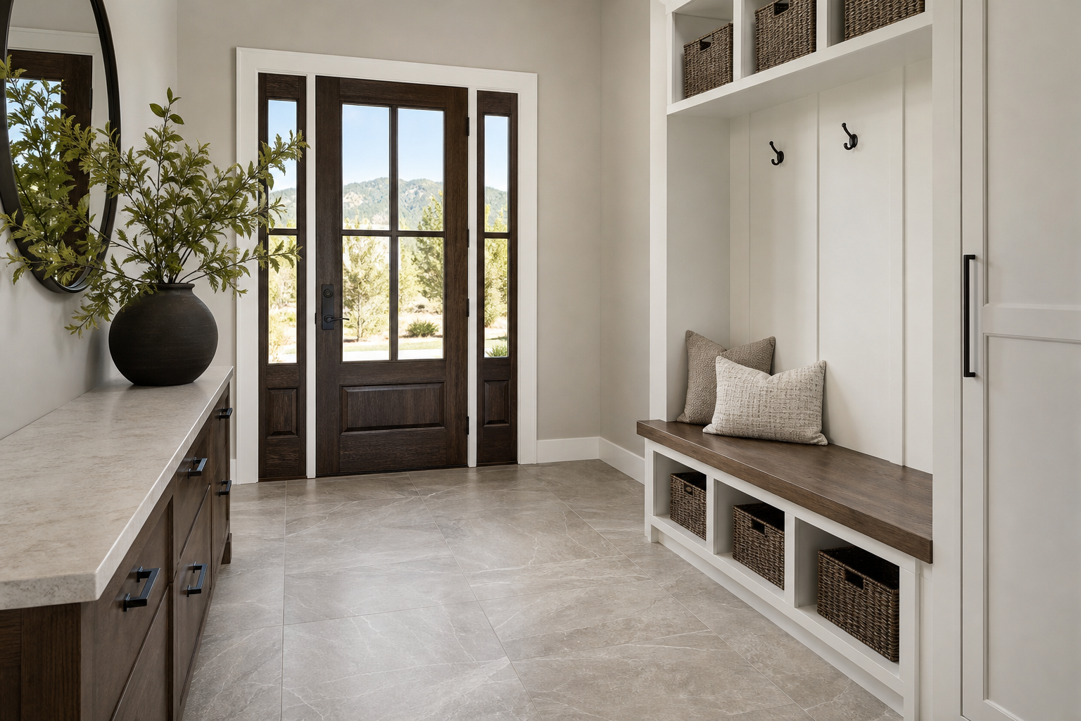 Finished mudroom style entry with porcelain tile flooring designed for wet boots and easy cleanup.