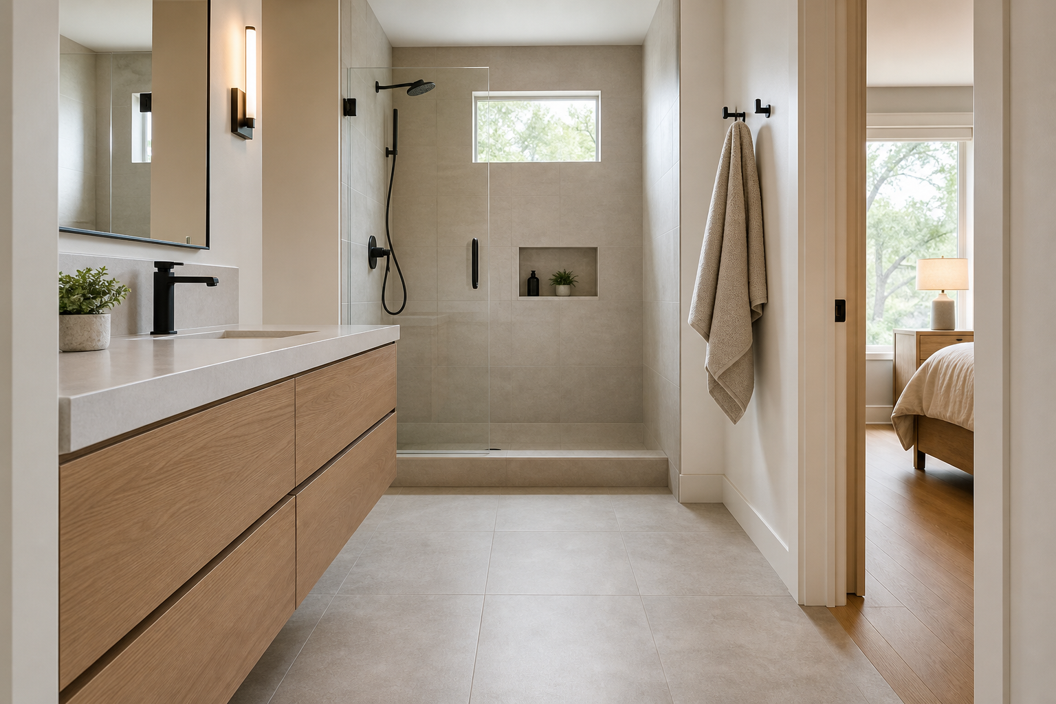 Finished bathroom with porcelain tile floor and shower, coordinated with a warm, practical whole-home flooring plan.