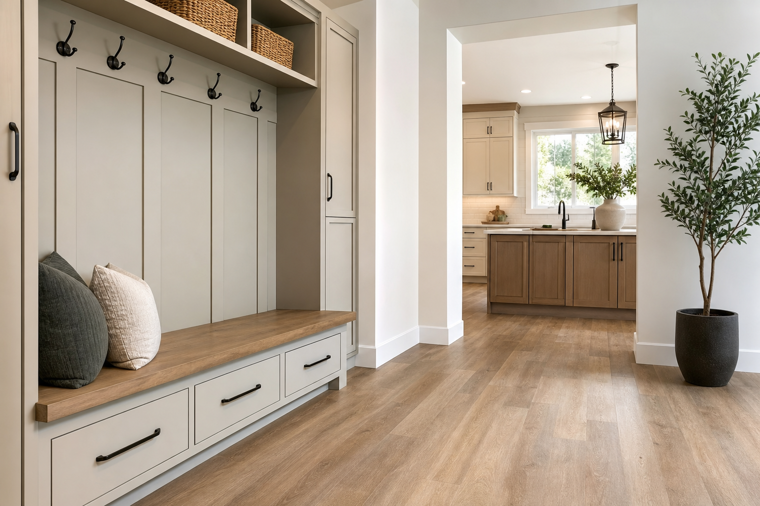 Finished mudroom and kitchen entry with luxury vinyl plank flooring
