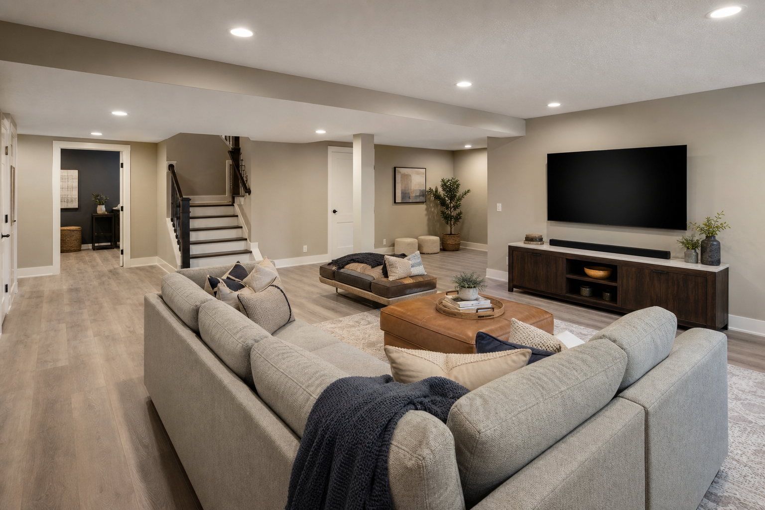 Finished basement family room with luxury vinyl flooring