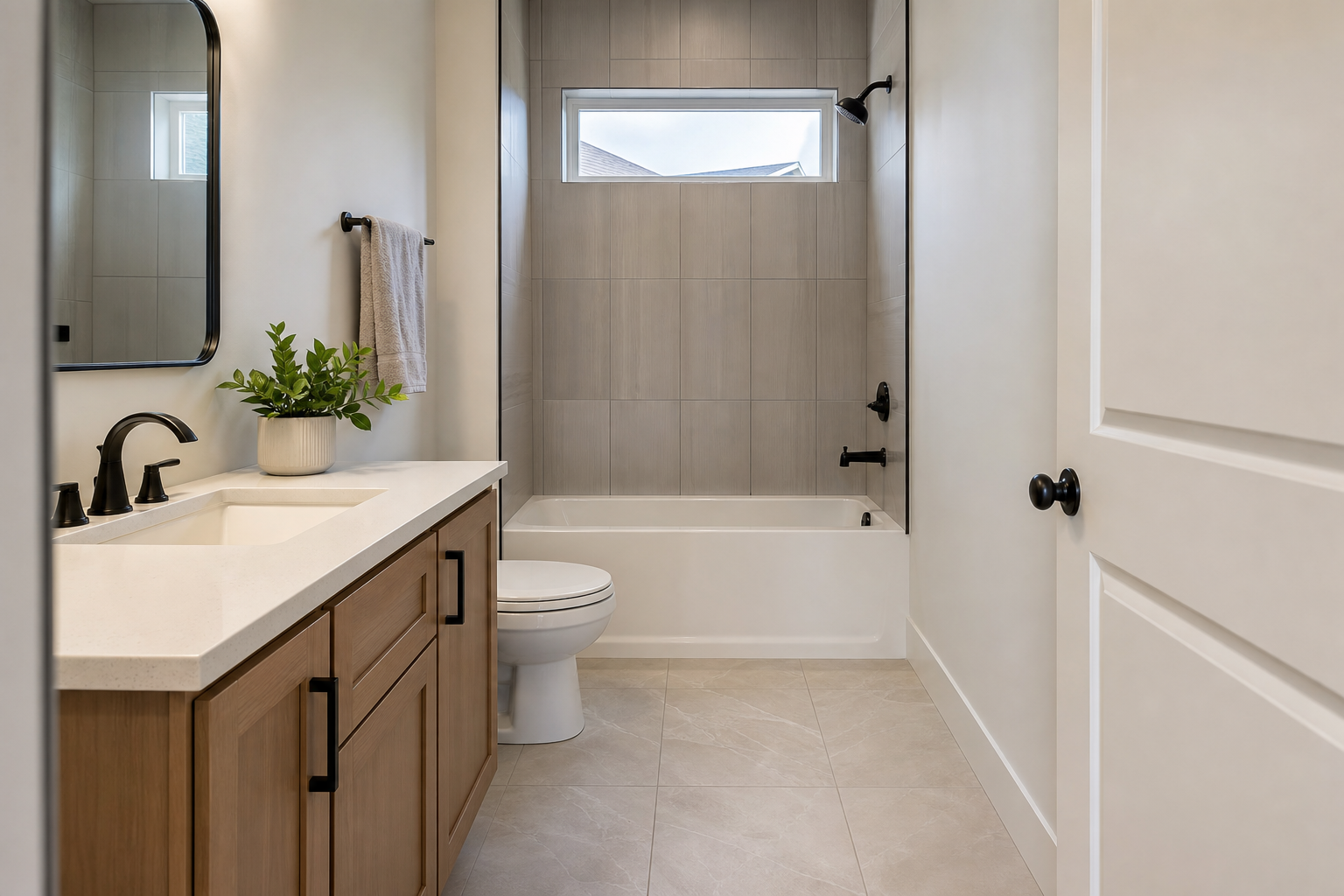 Finished bathroom with porcelain floor tile and tiled shower
