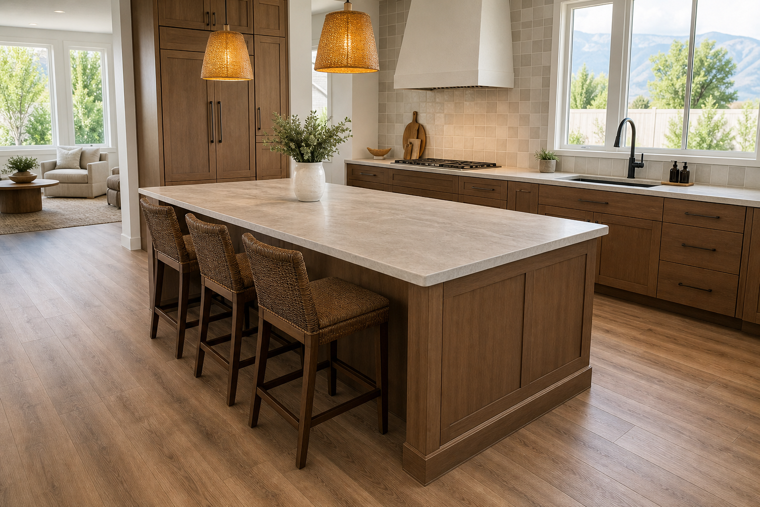 Finished kitchen island with countertop seating and backsplash detail