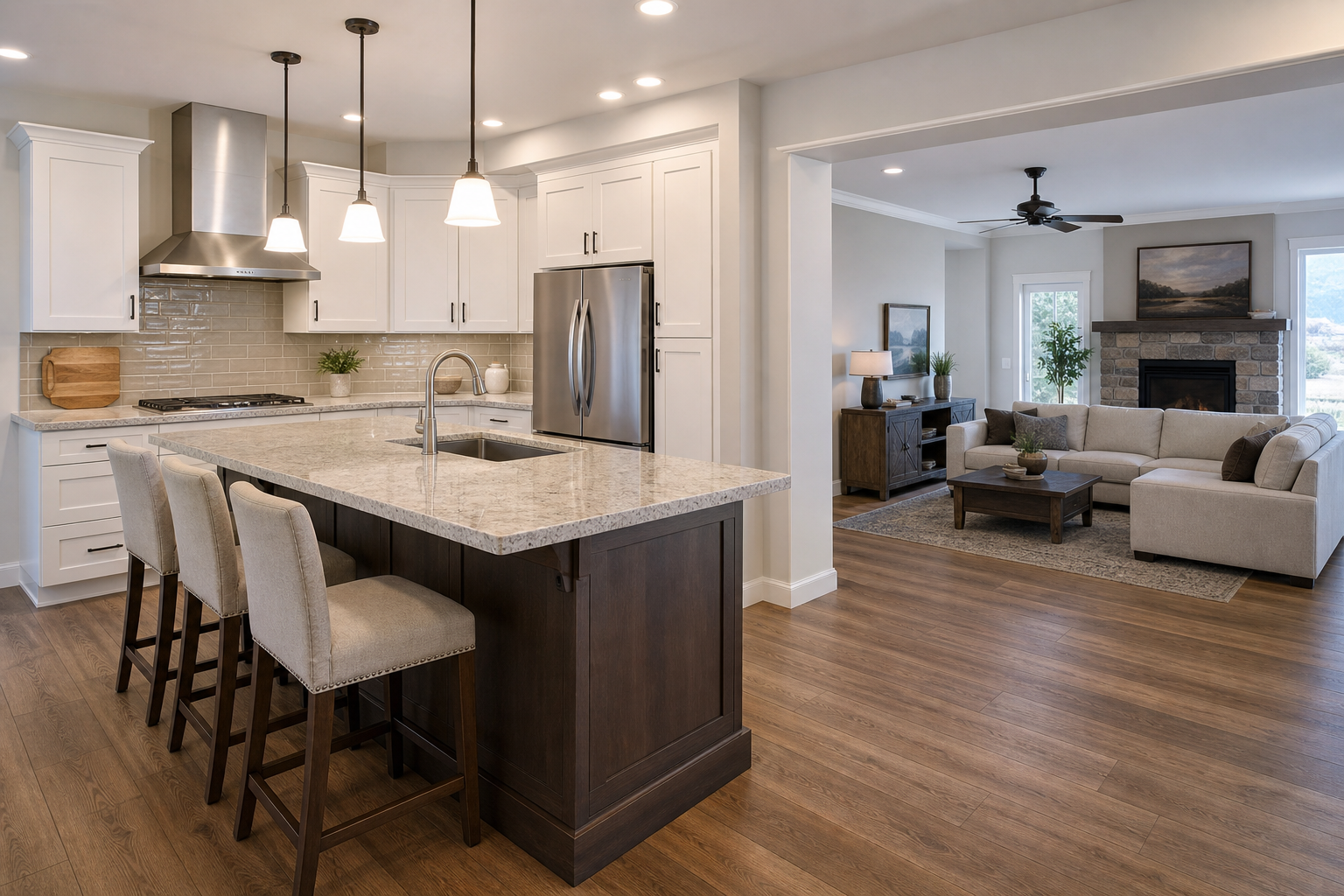 Open kitchen showing countertop, backsplash, and flooring transition