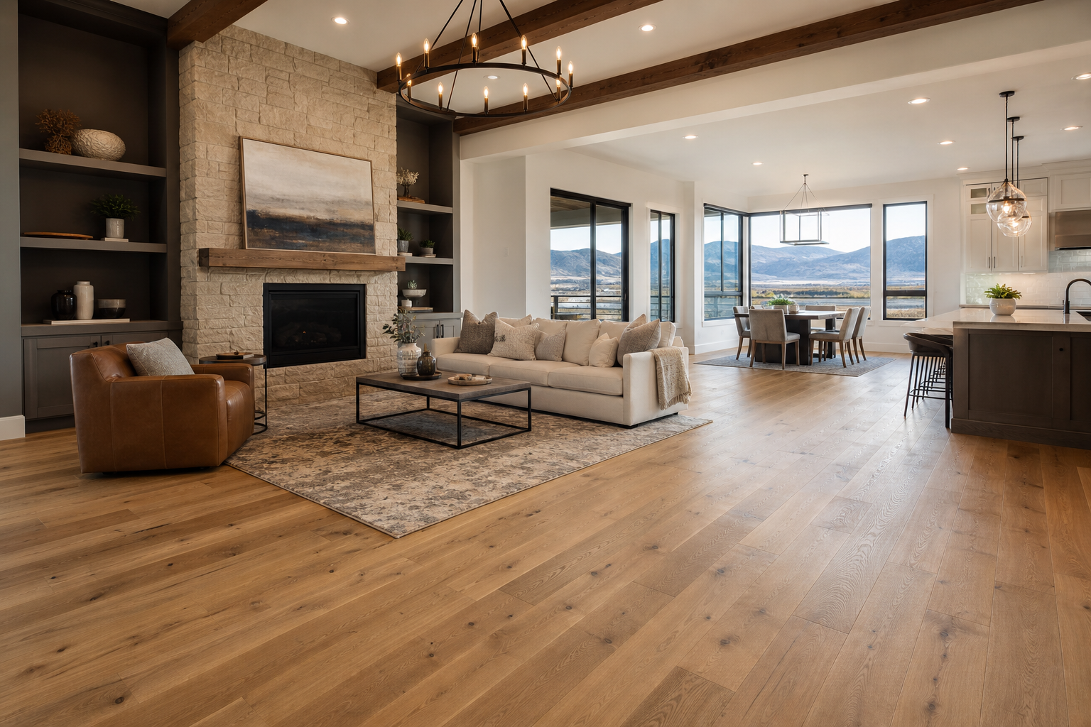 Finished open-concept living room with warm natural hardwood flooring in a bright Utah-style home.