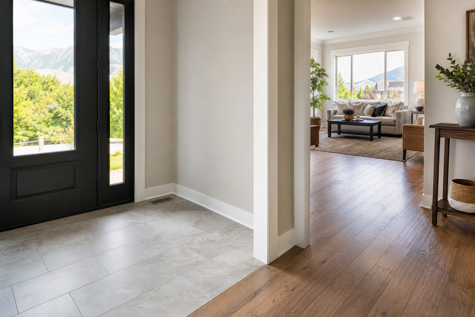 Finished entryway transitioning from a durable tile landing to hardwood in the main living area.