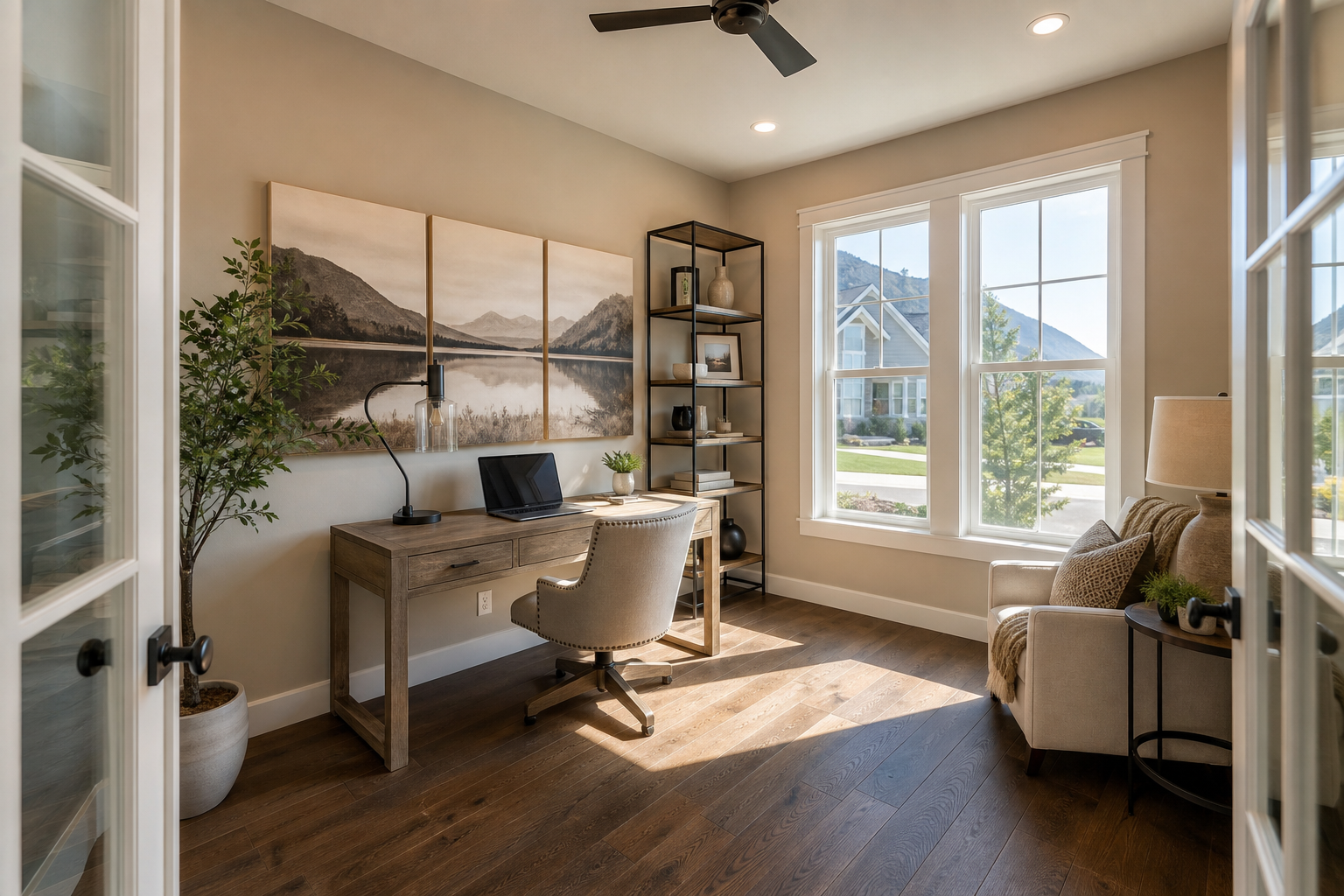 Finished bedroom or home office with calm natural hardwood flooring and soft afternoon light.