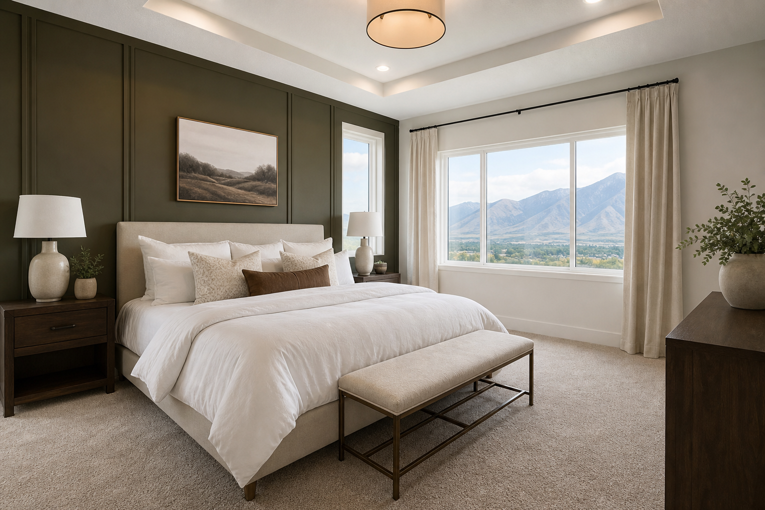 Finished bedroom in a Layton home with warm neutral carpet and soft late-summer light.