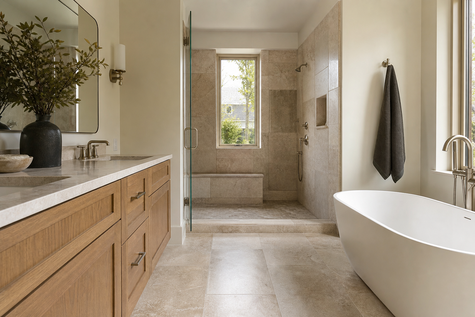 Finished Layton-style bathroom with natural stone flooring and shower walls.