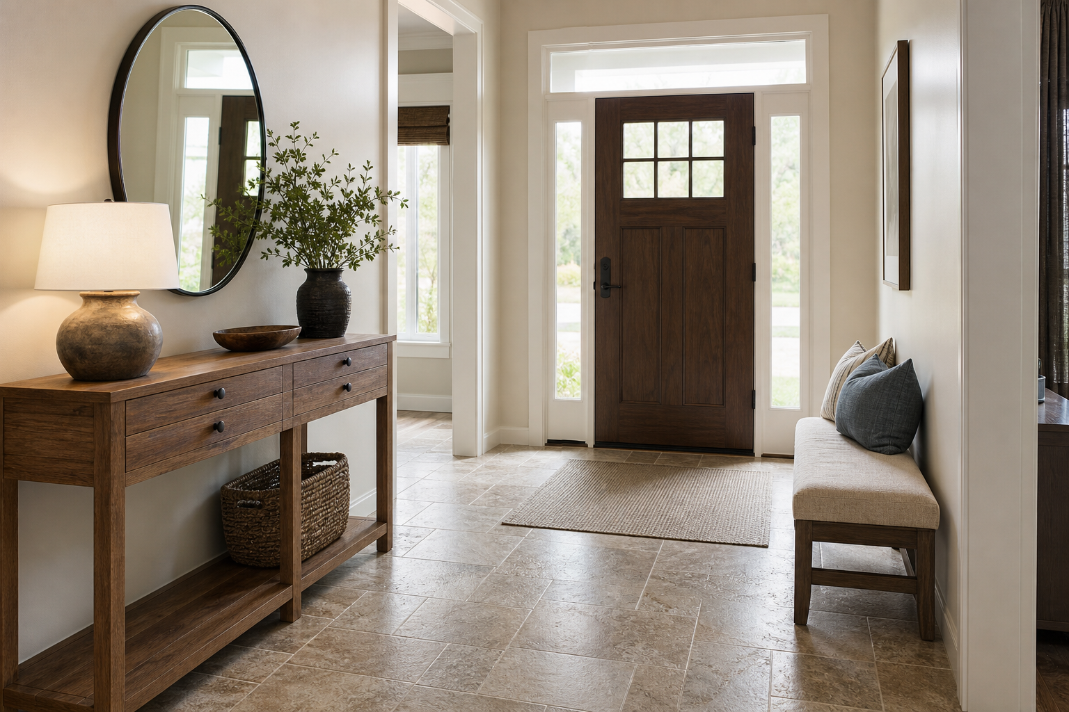 Finished entry foyer with natural stone flooring in a warm, clean residential interior.