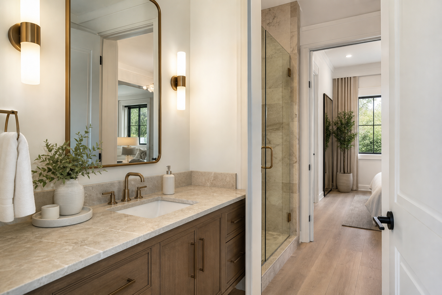 Finished bathroom vanity area with natural stone countertop and coordinated hard-surface flooring.