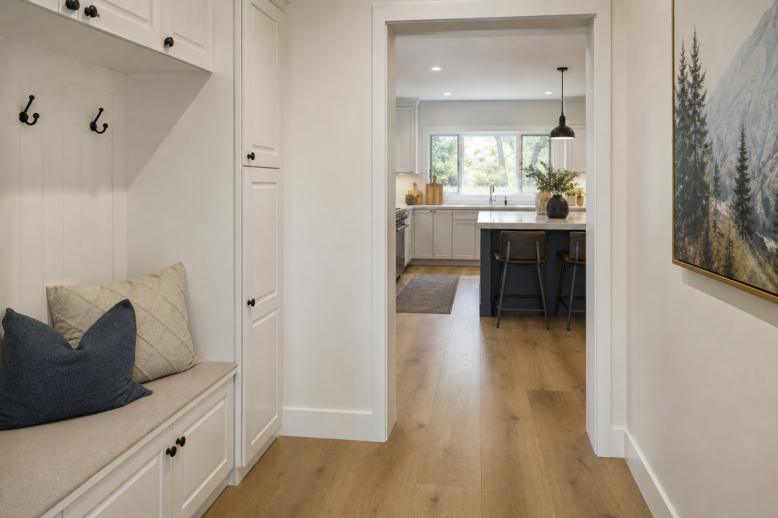 Finished Layton-area style entry and kitchen with waterproof flooring and clean fall-ready design.