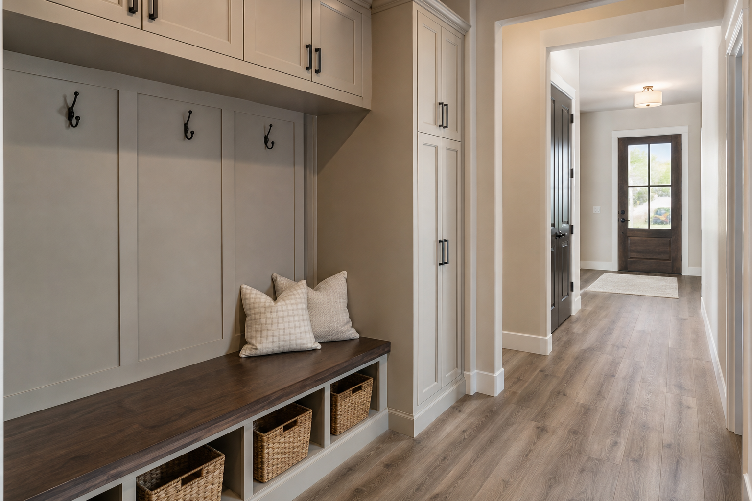 Finished mudroom and hallway with waterproof LVP suited to busy fall and winter traffic.