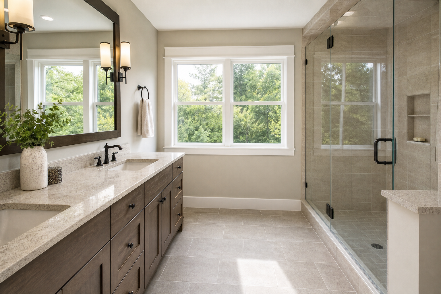 Finished bathroom with porcelain tile showing where tile works best for moisture-prone rooms.