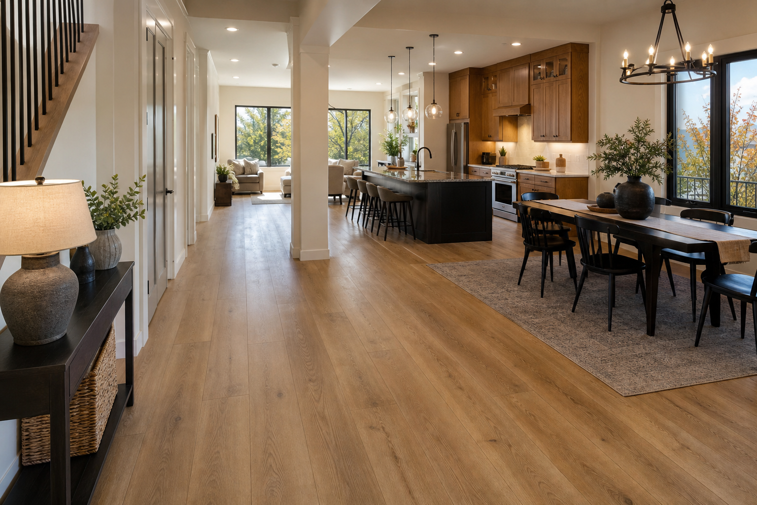 Finished Layton-style entry and kitchen with warm oak-look luxury vinyl flooring and clean fall-ready design.