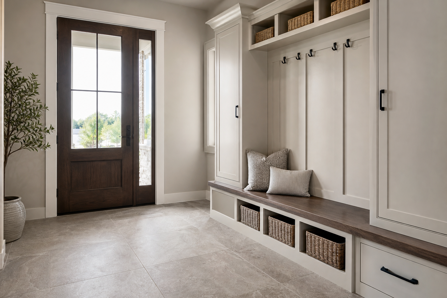 Finished mudroom-style entry with durable tile flooring and clean storage details.