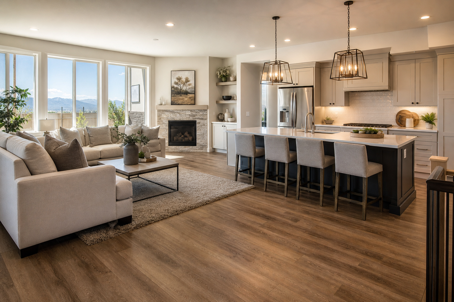 Finished living room and kitchen with continuous luxury vinyl plank flooring.