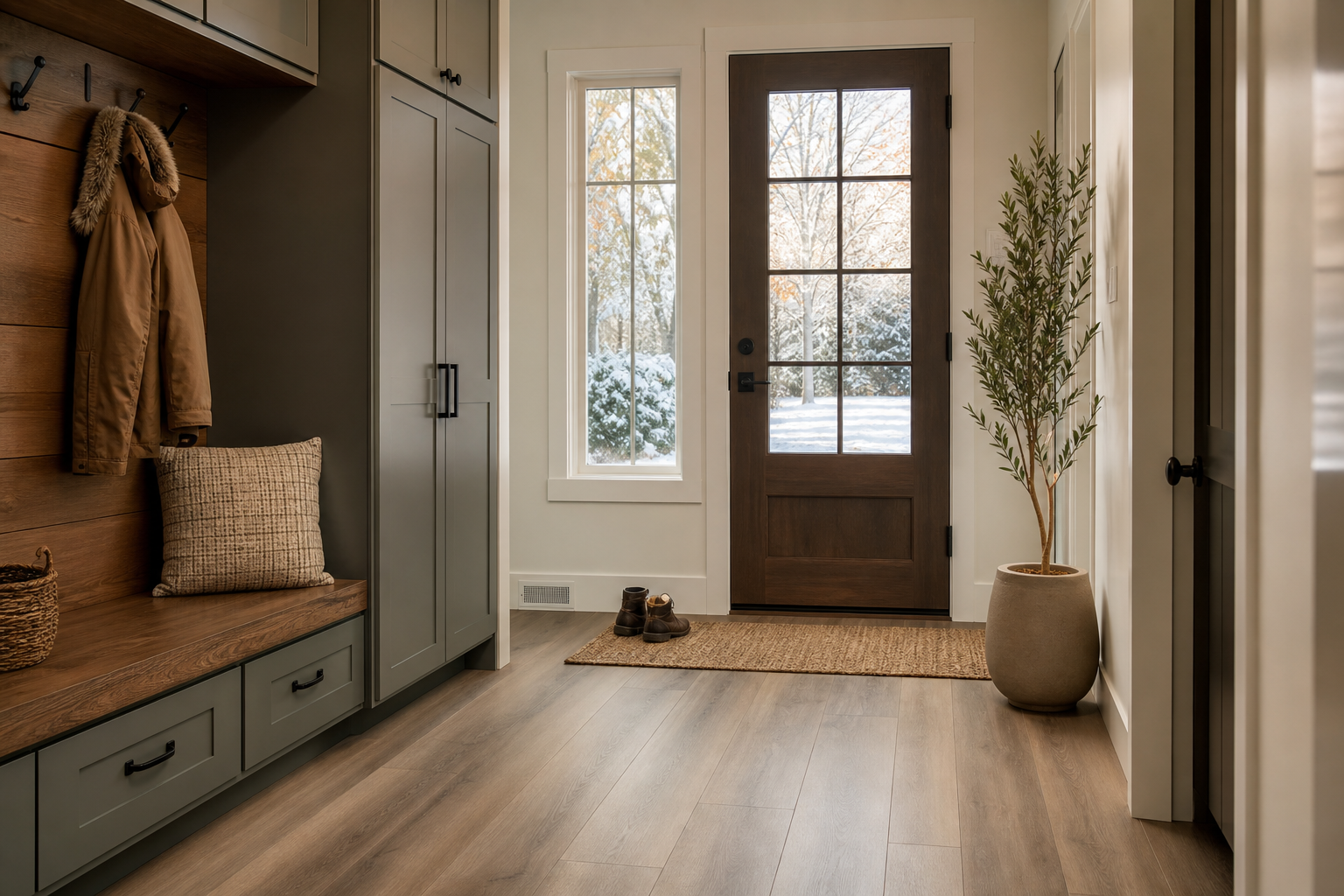Finished mudroom entry with durable luxury vinyl plank flooring