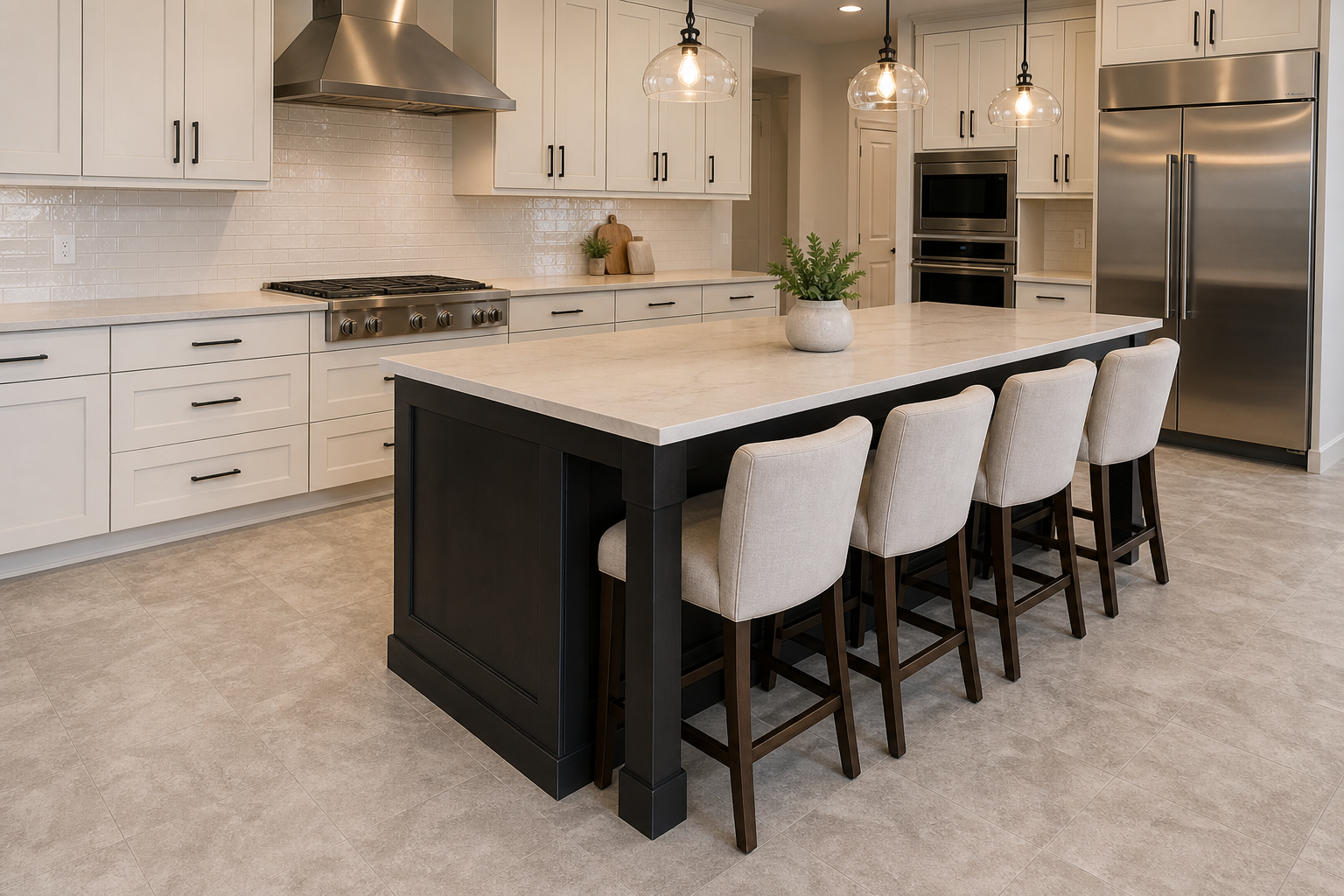 Modern kitchen with stone-look luxury vinyl tile flooring