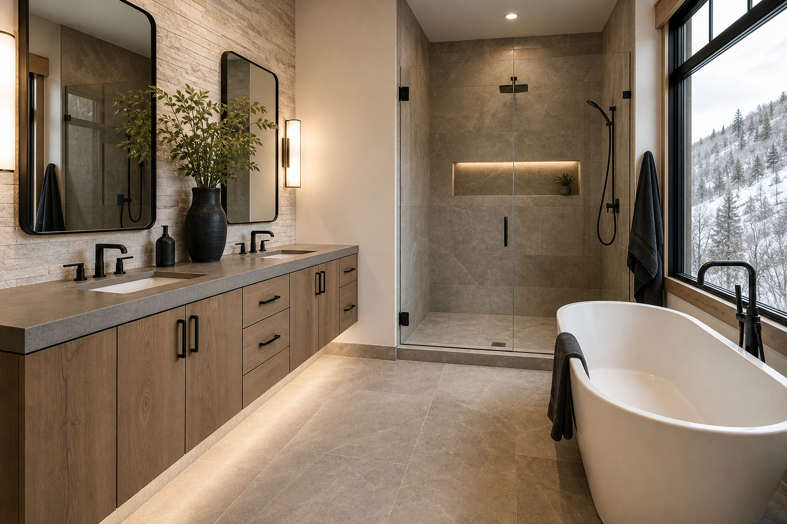 Finished bathroom with clean tilework and coordinated flooring