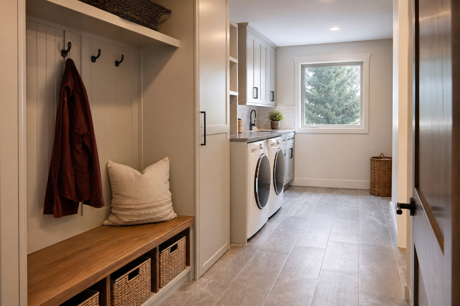 Finished mudroom and laundry space designed for wet-season durability