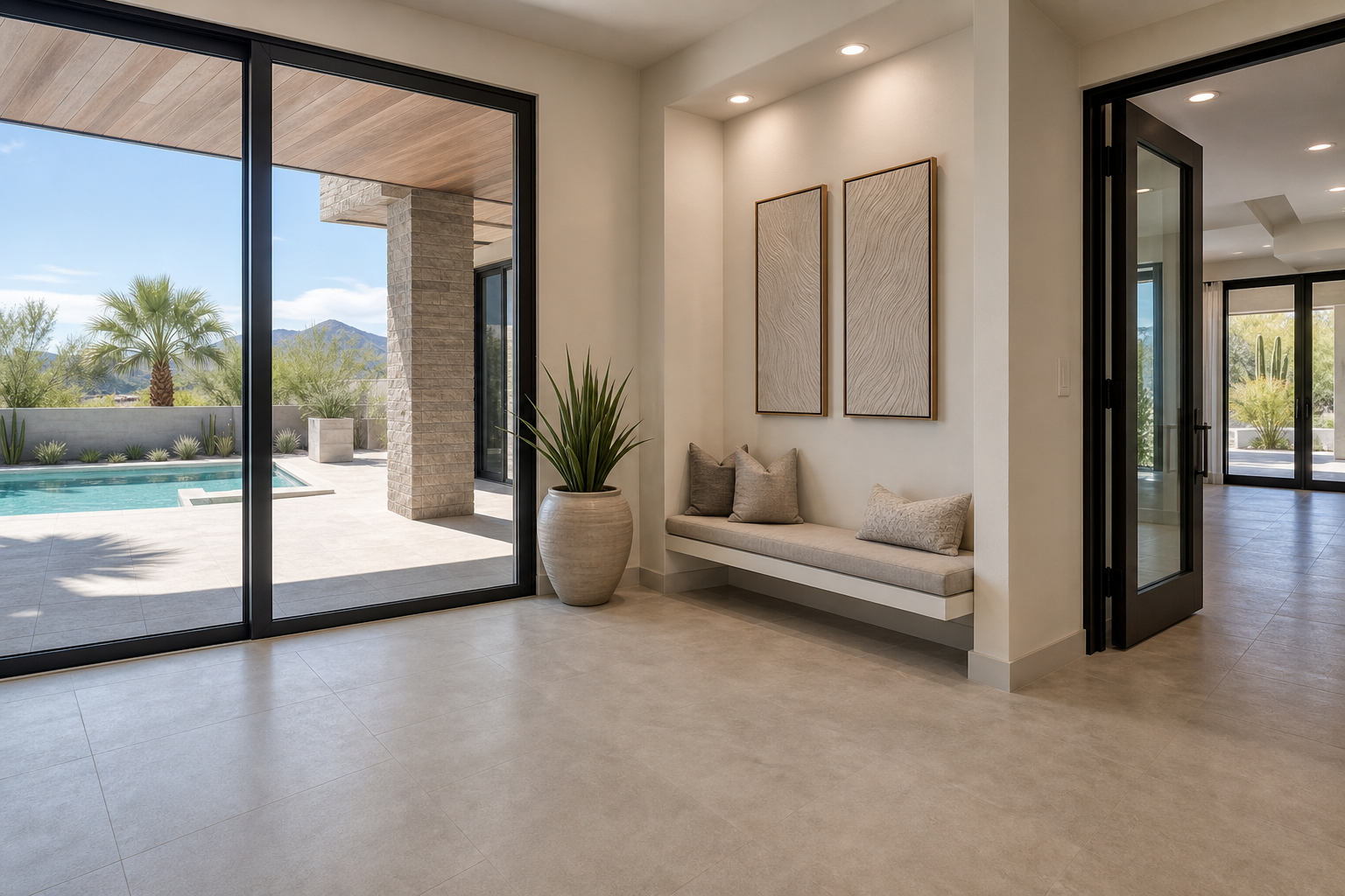 Pool-adjacent entry with matte porcelain tile flooring designed for easy cleanup.
