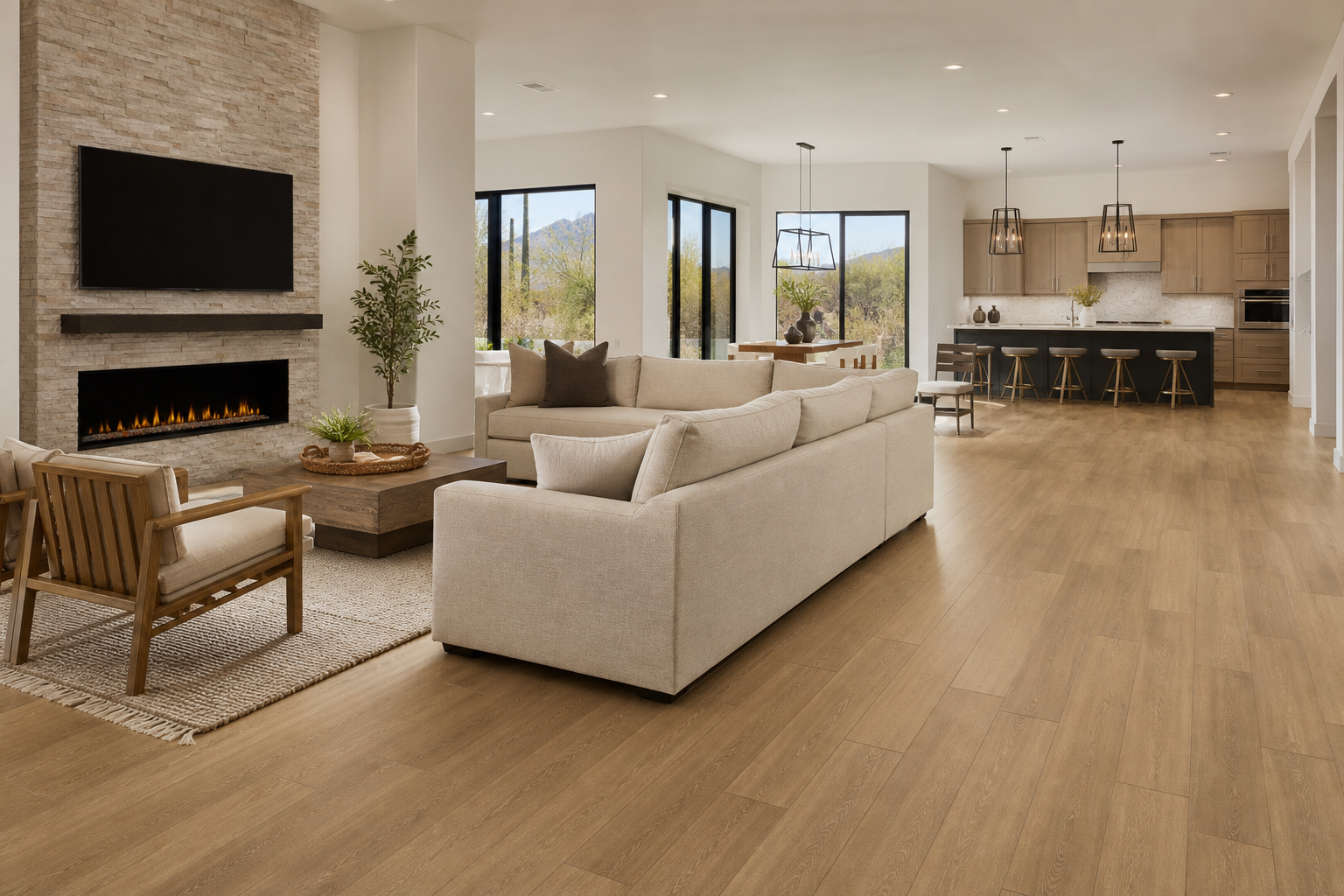 Scottsdale living room with warm oak-look luxury vinyl plank flooring.