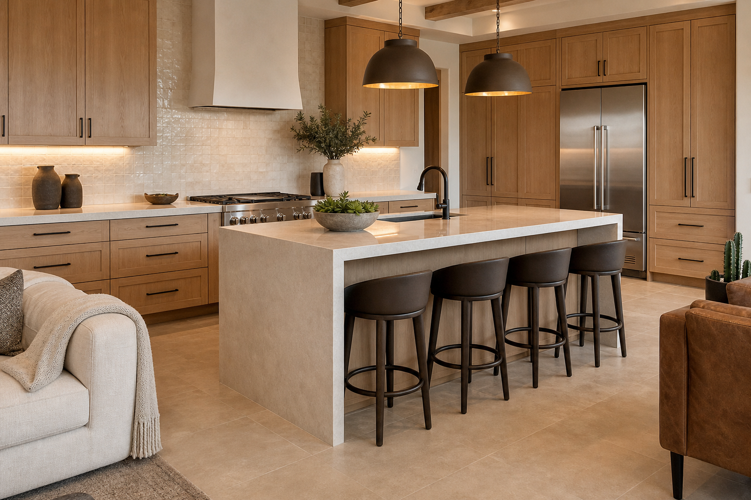 Finished Scottsdale kitchen with tile backsplash and porcelain flooring.