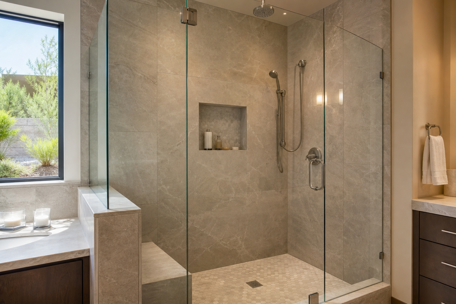 Finished walk-in shower with large-format tile and mosaic shower floor.