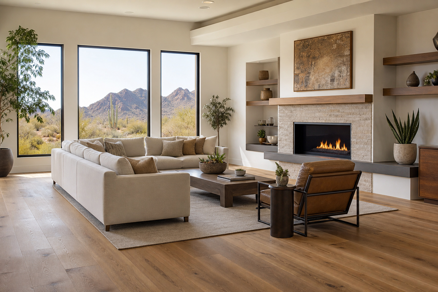 Bright Scottsdale-style living room with wide-plank engineered hardwood flooring and warm desert-contemporary finishes.